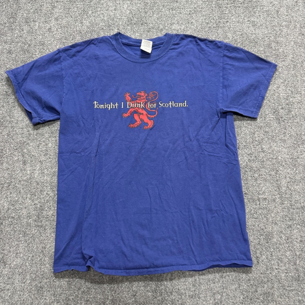 VTG Scotland T-shirt Men's L Blue Drinking T Y2K Gildan Tag